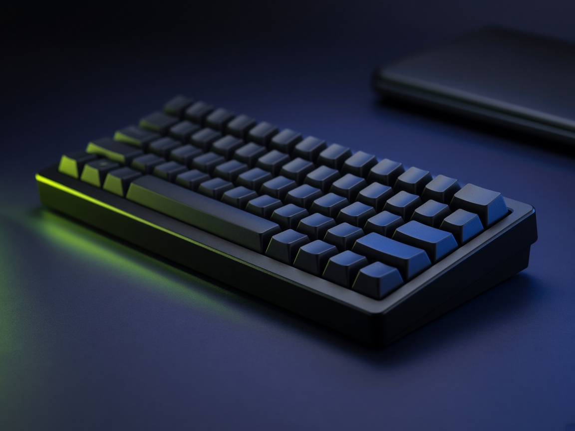 Clavier compact noir sur un bureau sombre, liseré vert