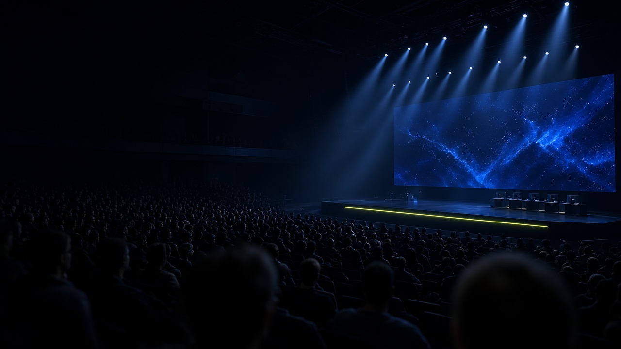 Arène sombre, écran bleu et public pour une soirée ExilePlayFR