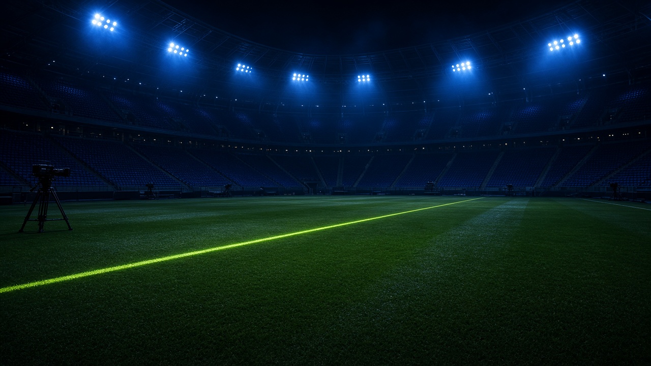 Pelouse de stade la nuit, ligne verte et projecteurs