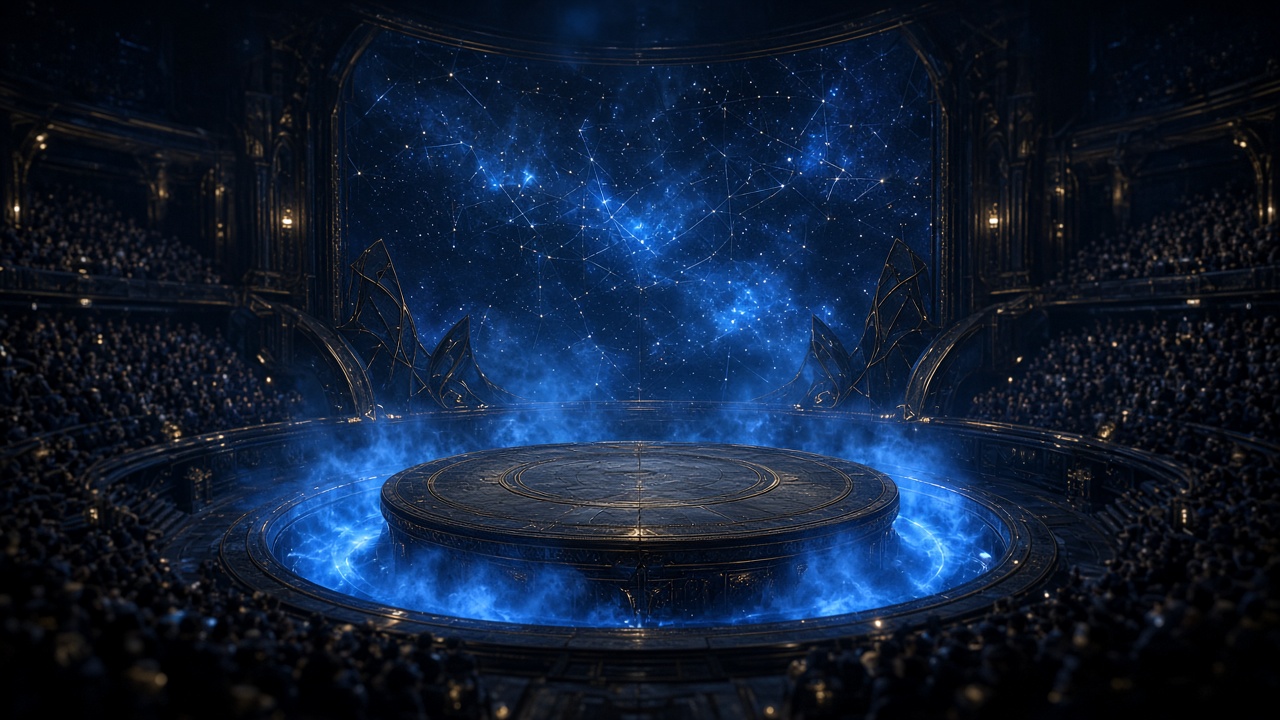 Scène circulaire éclairée de bleu devant des gradins