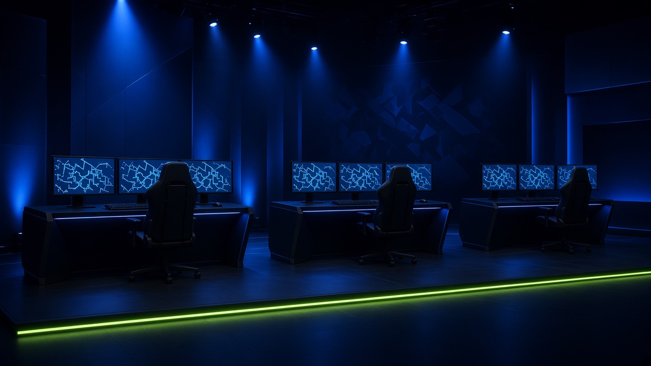 Trois postes de jeu sous des projecteurs bleus